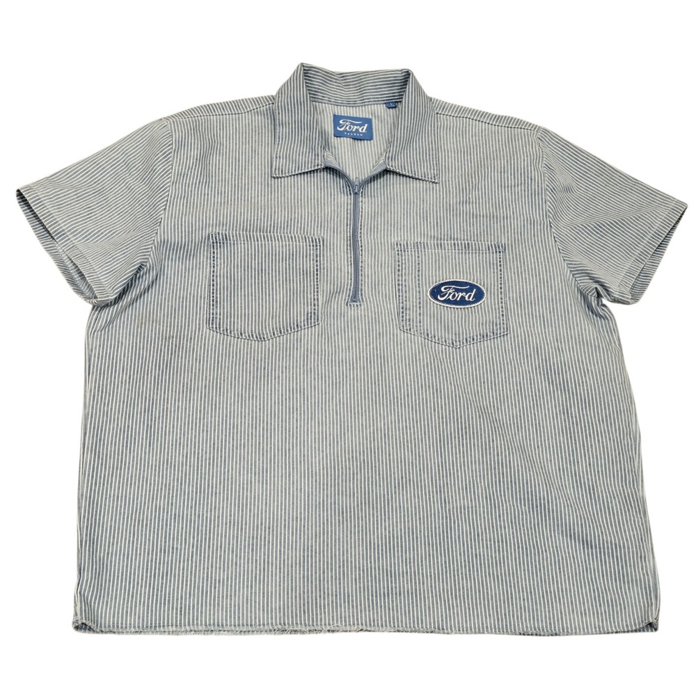 Ford PacSun Striped Quarter Zip Work Shirt Mens Large Blue White Raw Hem